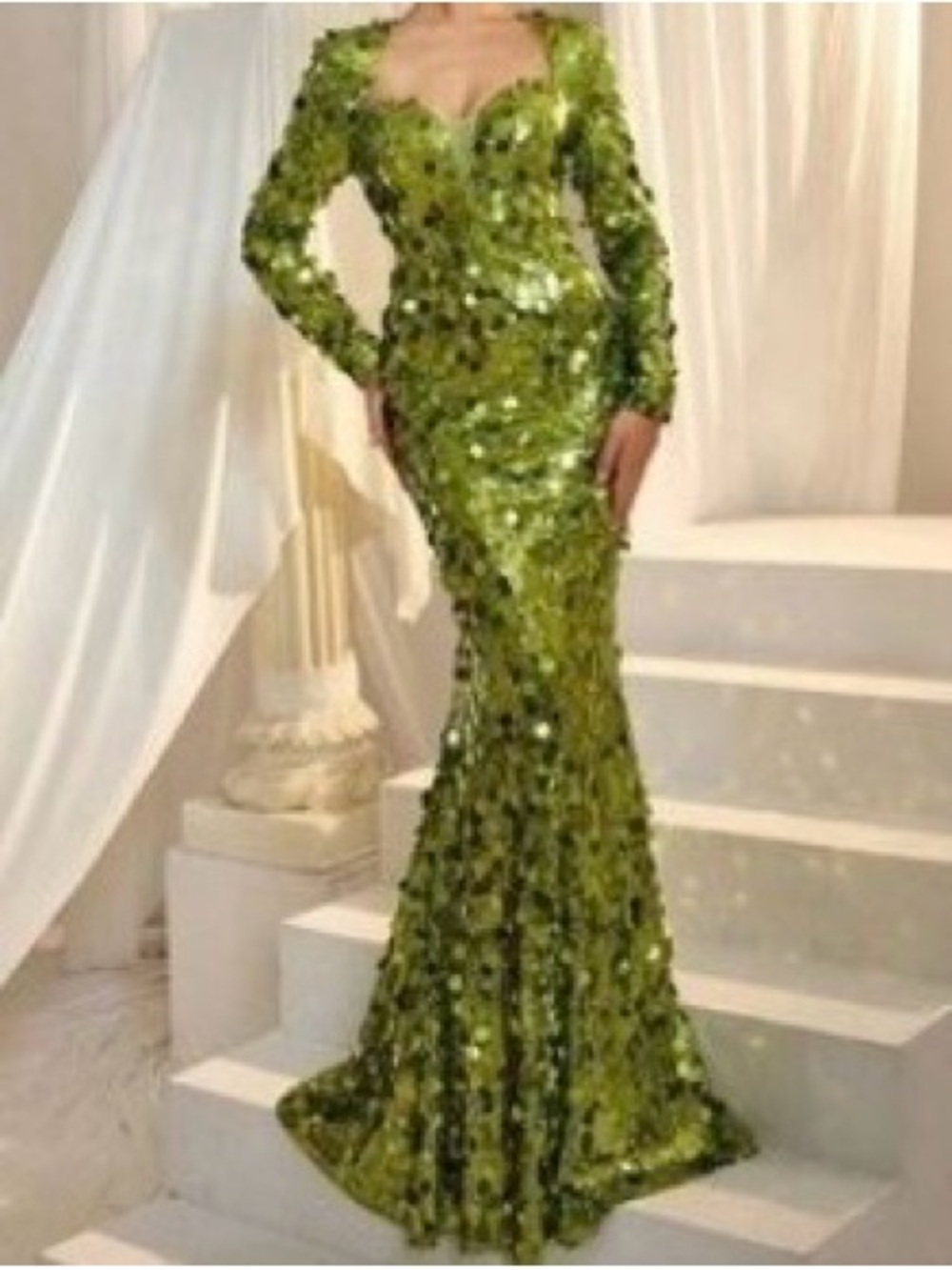 FAERIESTY  Sequin Long Sleeve Floor Length Dress in Lime Green